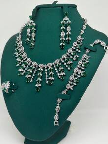 5pcs/Set Luxury Bridal Jewelry Set For Women, Wedding Party Colorful Yellow Black Cubic Zirconia Necklace Earrings Bracelet Ring 4pcs Suit, Mother's Day Valentine's Day Gift - Green - View 2