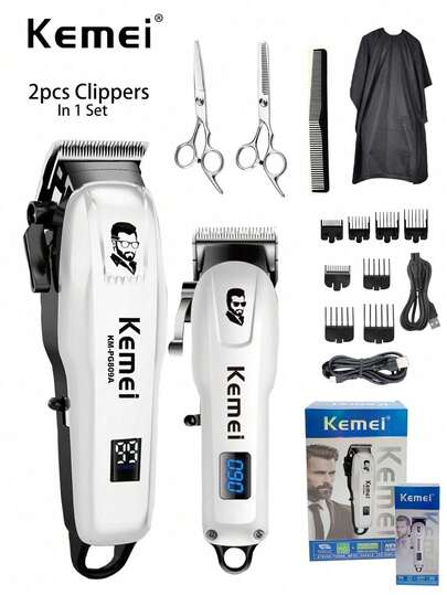 Kemei 2pieces Hair Clipper Set Professional Electric Hair Cutting Machine USB Rechargeable Cordelss Electric Hair Trimmer KM-PG809A And KM-232 For Men's Gooming Home Use Set With Fine Stainless Steel Scissors And Apron Whit Series