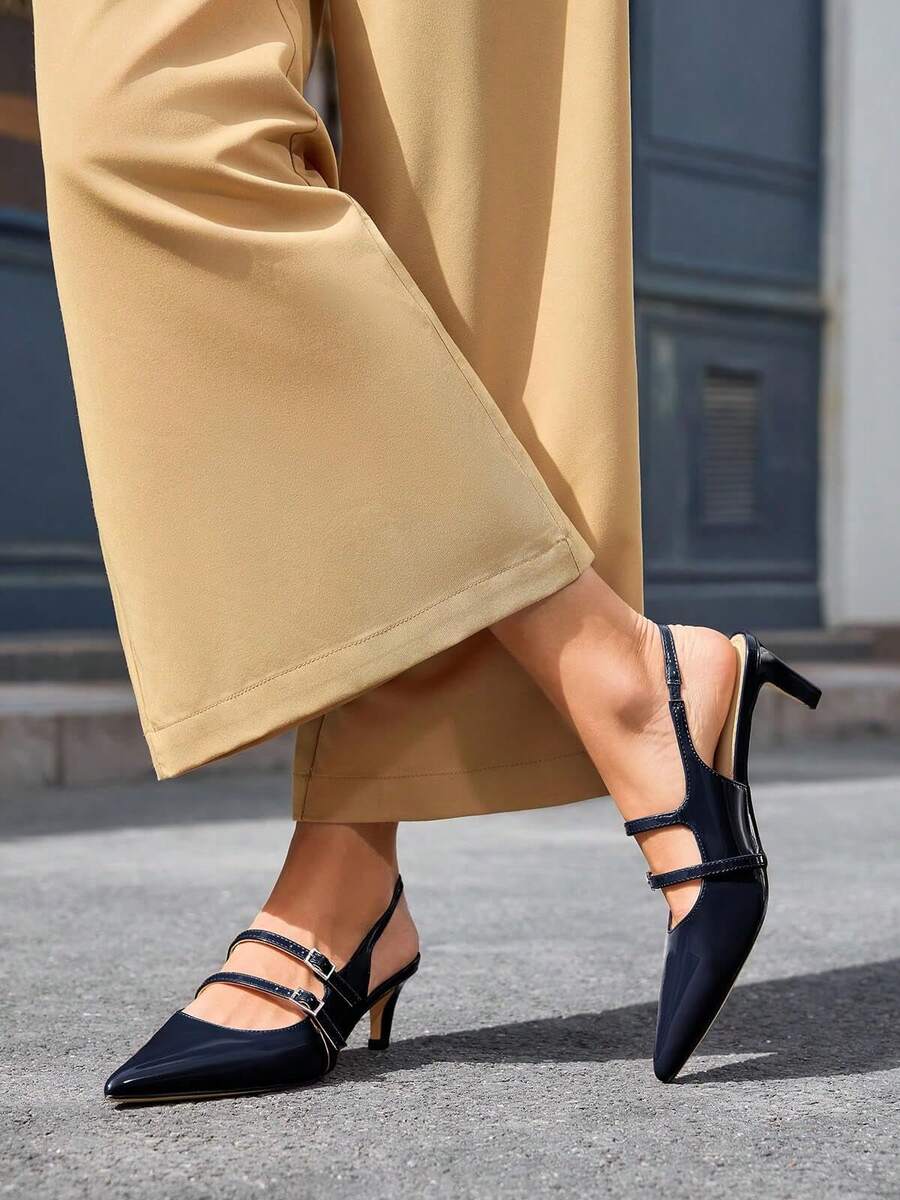 Womens Slingback Kitten Heels Mary Jane Pumps Closed Pointed Toe Buckle Strap Wedding Dress Shoes - Màu xanh hải quân - Xem 1