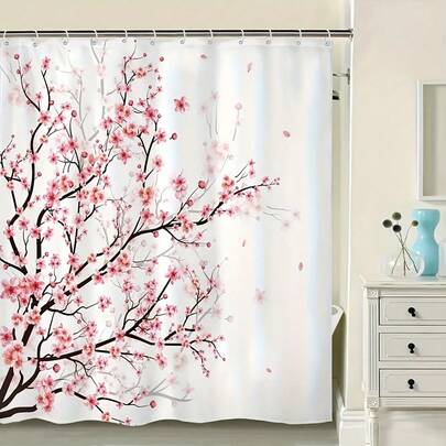 Tenda da doccia con stampa floreale di fiori di ciliegio, paesaggio artistico con fiori di prugna, in tessuto di poliestere impermeabile, design intrecciato elegante, con 12 ganci inclusi, lavabile in lavatrice, adatta per la decorazione artistica del bagno tutto l'anno