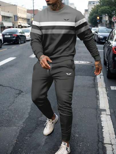 2 st. herr casual randig mönstrad tröja med rund hals och mjukisbyxor, sportdräkt, streetwear sport casual outfit lämplig för utomhusaktiviteter, vår