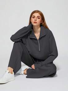 Women's Casual Elegant Long Sleeve Top And Pants Set, Autumn/Winter Spring - Dark Grey - View 1