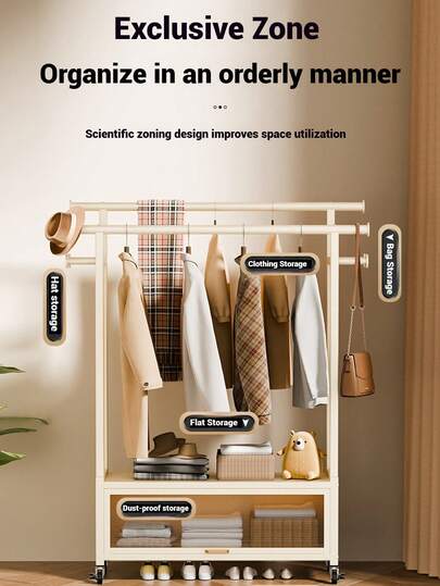 Super life Kledingrek met dubbele stang en opbergkast, kledingrek op wielen, draagbaar kledingrek, geschikt voor slaapkamers, woonkamers en kledingwinkels.