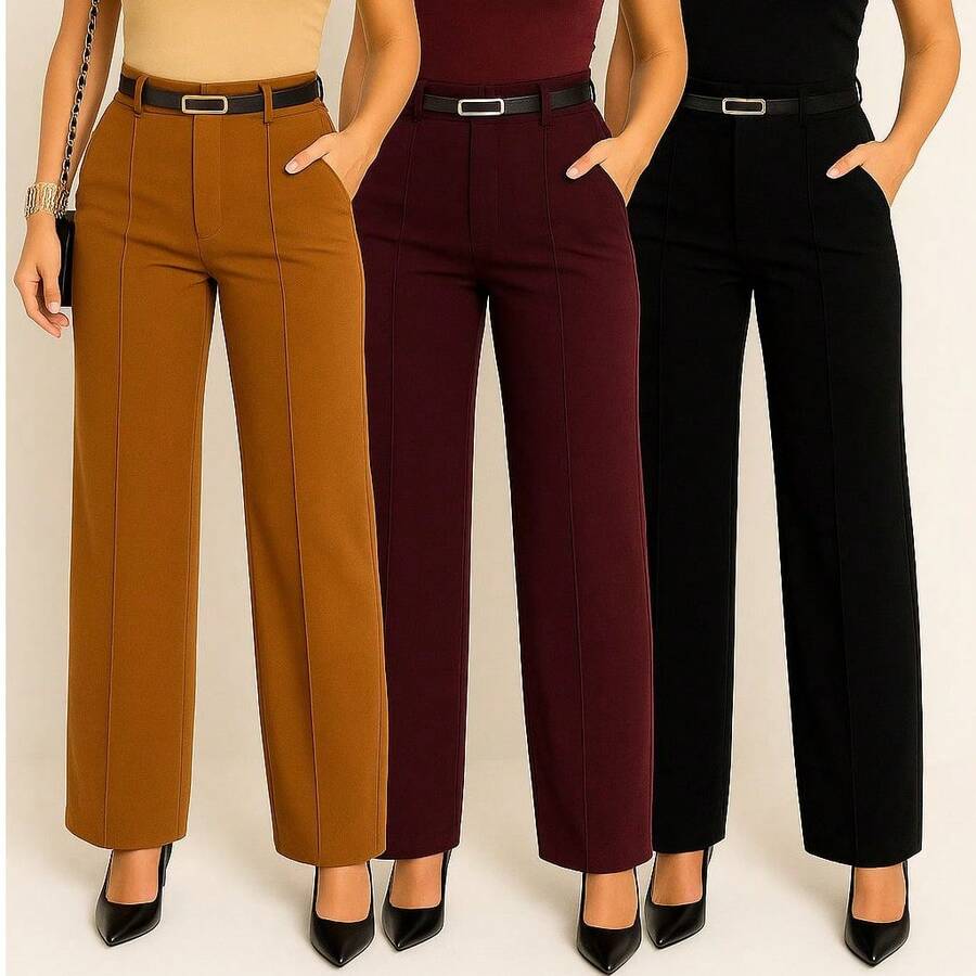 Kit Of 3 Women's Tailored Wide Leg Pants With Belt - Caramel / Rượu vang / Đen - Xem 1