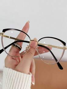 1pc New European And American Style Metal Round Photochromic Flat Eyeglass Frames For Women, Cat Eye Metal Eyeglass Frames For Women With Photochromic Lenses For Men