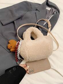 时尚毛绒手提购物篮包，新款秋冬单肩包，配有可爱小狗吊坠，适合女孩 - A - 查看 4