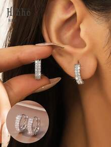 Hihho 1 Cặp bông tai vòng vuông thời trang đính đá Cubic Zirconia, thiết kế hai hàng cổ điển phù hợp cho phụ nữ, trang sức kỷ niệm ngày cưới, đính hôn, quà tặng ngày lễ tình nhân - Bạc - Xem 7