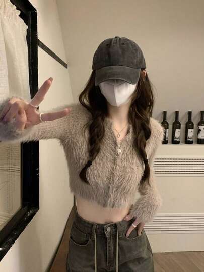 女士纯色拉链长袖修身抓绒开衫，秋冬季