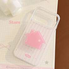 GUCADI 1pc White & Pink Vertical Stripe Star + Pink House Stand Cute Pink House Stand Phone Case Compatible With Iphone 17 Pro Max, 16 Pro, 15, 14 Hard