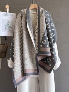 1pc Elegant Clover Jacquard Design Faux Cashmere Warm Scarf For Women, Suitable For Air-Conditioned Rooms, Fashion & Versatile Neck Warmer For Autumn/Winter For Dress - Grey - View 2