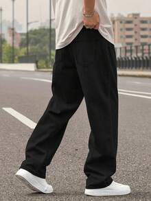 Men's Washed Light Blue Straight Jeans, Men's Loose Jeans, Retro Y2K Style, Simple And Versatile - 黑色 - 查看 7