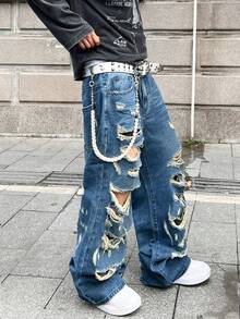 1 buc. Blugi bărbătești, stil american de stradă, la modă, cu model patchwork, cu multiple decolorări, cu picior larg, confortabili și versatili, pentru toate anotimpurile (curea și accesoriile nu sunt incluse)