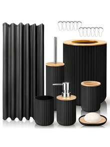 Rotundity Bathroom Set, Bathroom Accessory Set Of 8 Pieces, High-Quality And High Aesthetic Bathroom Accessories, Including Cotton Swabs, Trash Cans, Mouthwash Cups, Soap Dispensers, Soap Pans, Toilet Brush Sets,  The Top Picks Choice For Home Goods And Gifts - 圓款黑色 - 查看 1