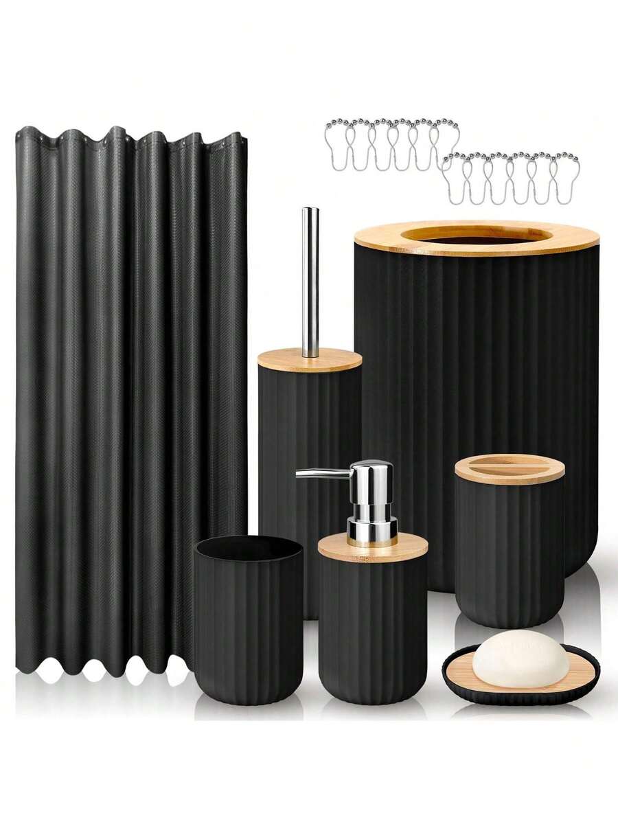 Rotundity Bathroom Set, Bathroom Accessory Set Of 8 Pieces, High-Quality And High Aesthetic Bathroom Accessories, Including Cotton Swabs, Trash Cans, Mouthwash Cups, Soap Dispensers, Soap Pans, Toilet Brush Sets,  The Top Picks Choice For Home Goods And Gifts - 圓款黑色 - 查看 1