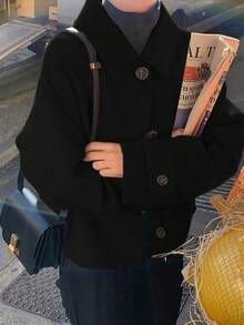 女士休闲简约纯色前扣翻领长袖韩版大衣，日常休闲 - 黑色 - 查看 7