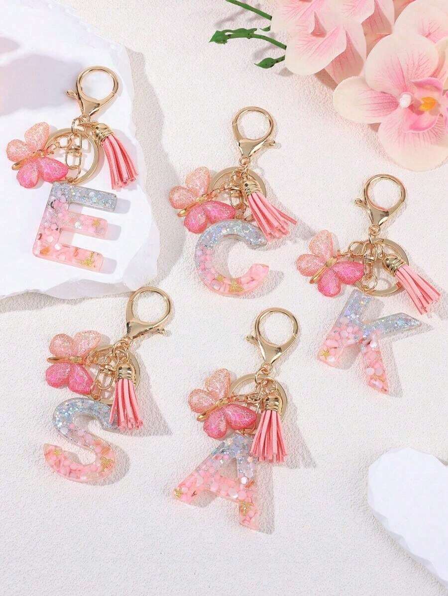 Personalized Bling Monogram Keychain Women - Resin Letter Charm With Silvery Glitter, Pink Pebble & Gold Shaker - Birthday Gifts Her, Anniversary Present With Pink Tassel & Accent Car Accessories Bag Charm School Cute Goth Y2k - 粉色 - 查看 1