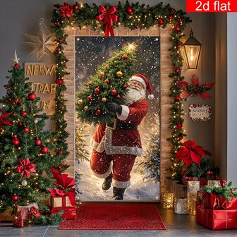 2D Flat Banner, 1 Piece Of Merry Christmas Door Curtain Banner, Santa Claus Carrying Christmas Tree And Snowflake Pattern Party Banner, Made Of Polyester Fiber Material, Bright And Durable, Easy To Hang, Suitable For Home Wall Decoration On Christmas Eve, Winter And New Year Holidays