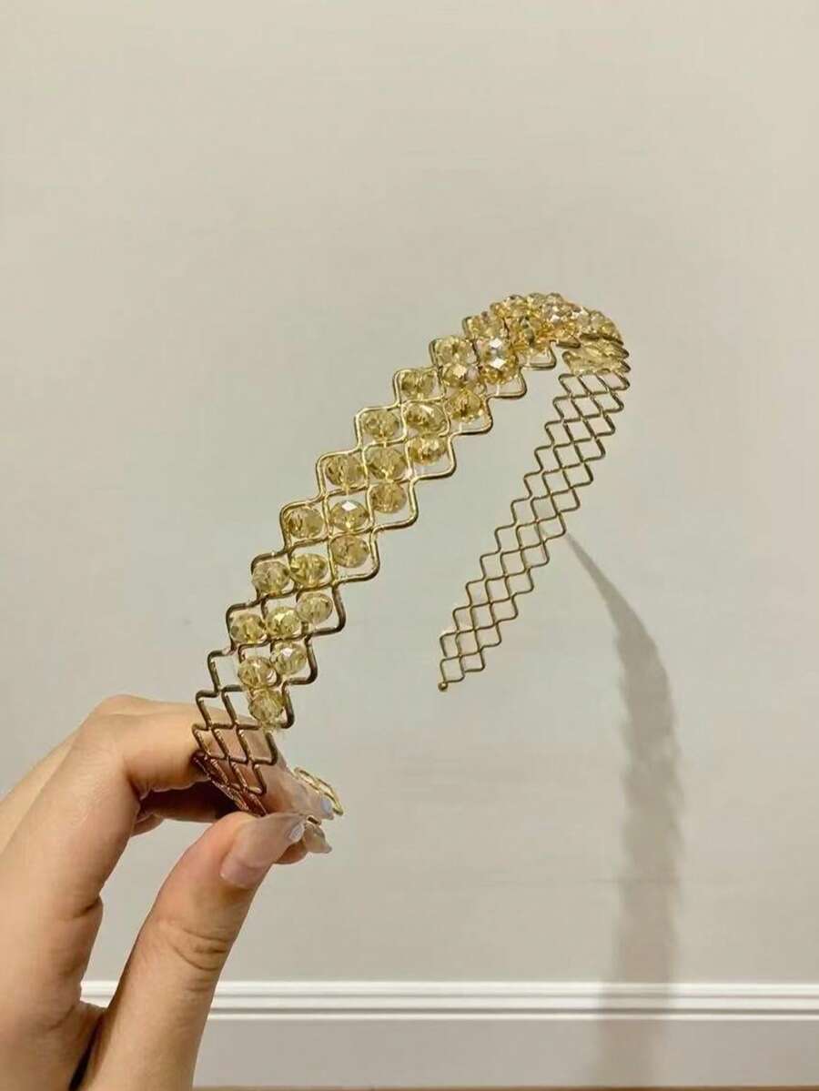 1件復古優雅大珍珠髮箍，金色方形復古珍珠髮飾，極簡精緻女性髮夾髮帶 - 網格水晶香檳色1pcs - 查看 1