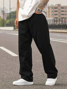 Men's Washed Light Blue Straight Jeans, Men's Loose Jeans, Retro Y2K Style, Simple And Versatile - 黑色 - 查看 1