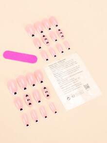 24 de bucăți de unghii adezive, model migdală/negru francez, în formă de inimă, imprimate, detașabile, cu placă de armură falsă, roz / Set de unghii false acrilice perfect potrivite, inclusiv 1 lipici jeleu și 1 pilă de unghii, potrivite pentru munca zilnică, studiul și întâlnirile femeilor în toamna și iarna, produse pentru unghii potrivite pentru întâlniri, festivaluri și utilizare zilnică - Multicolor - Vizualizare 3