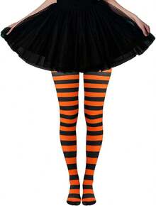 2 Pairs Women's Nylon Striped Tights Striped Tights Women Women's Stocking Hosiery - Orange and Black - 查看 12