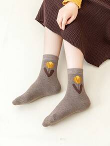 1/3/5双女士中长袜，适合秋冬季节，厚款毛圈保暖袜，花朵图案女士袜子 - 彩色 - 查看 7