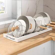 Portaoggetti espandibile per coperchi di pentole, adatto per armadietti, con 7 divisori regolabili in acciaio inossidabile per l'organizzazione e lo stoccaggio in cucina, design pieghevole, ottimo regalo per la mamma (bianco, grigio)