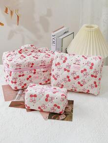 大号可爱粉色绗缝化妆包套装，时尚拉链化妆包，女士旅行洗漱包（樱桃蝴蝶结）