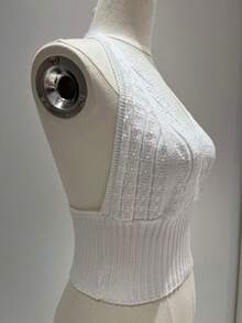 Simple, Knitted, Cable Knit, Backless, Beach, Tie-Up Crop Top - White - View 2