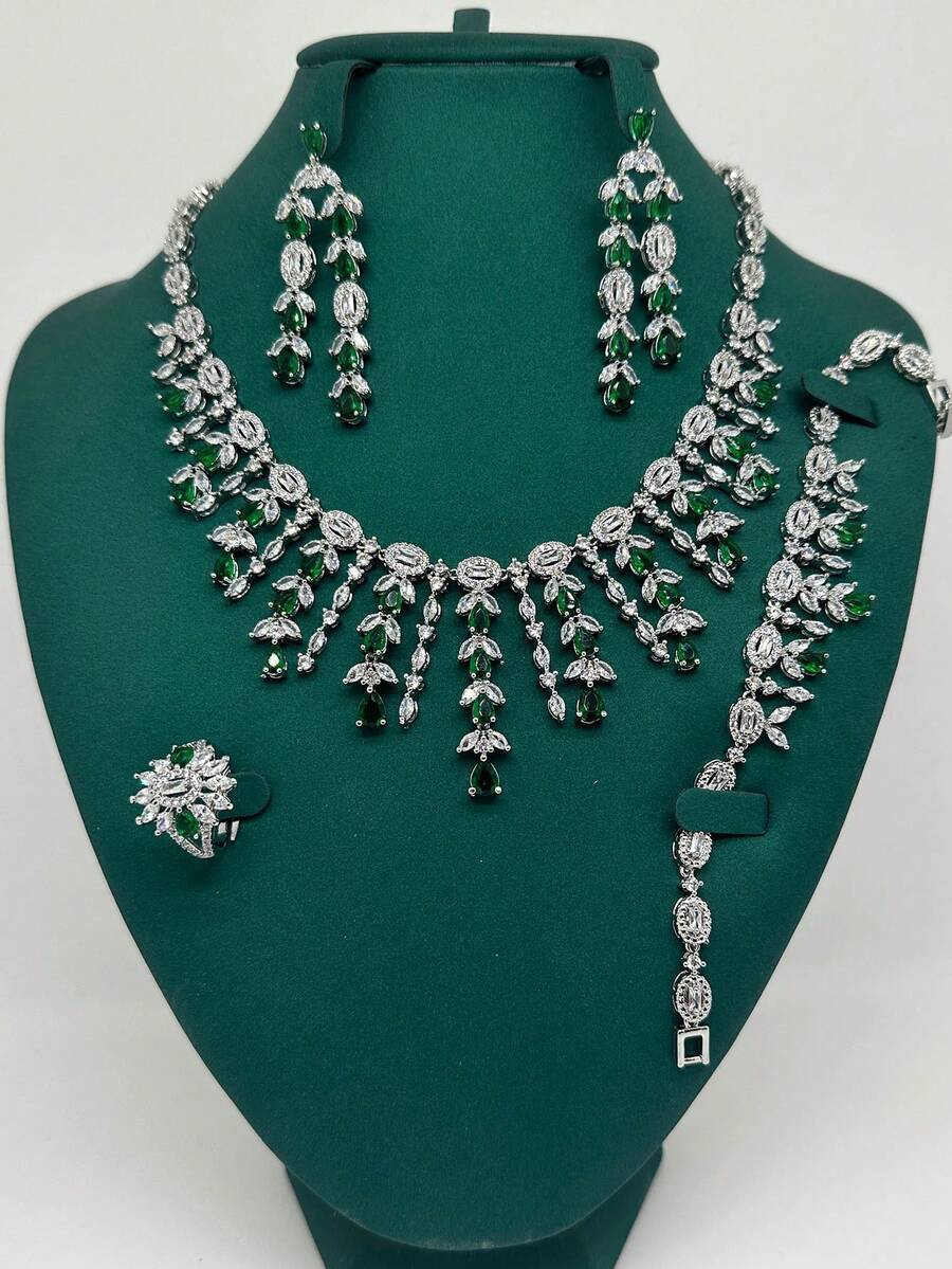 5pcs/Set Luxury Bridal Jewelry Set For Women, Wedding Party Colorful Yellow Black Cubic Zirconia Necklace Earrings Bracelet Ring 4pcs Suit, Mother's Day Valentine's Day Gift - Green - View 1