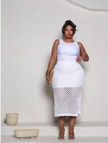 Plus Size Midi Skirt With Openwork Fabric In Modal Knit, Elegant, Casual - Off - View 8