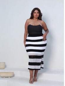 Plus Size Midi Skirt With Openwork Fabric In Modal Knit, Elegant, Casual - Black With White - View 10