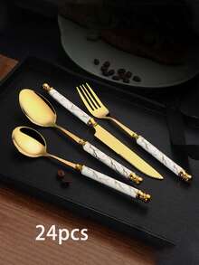 4-24pcs Marble Pattern Handle Knife Fork Spoon Set, Stainless Steel Western Cutlery Set, Steak Knife Fork Spoon Dessert Spoon Tableware Set