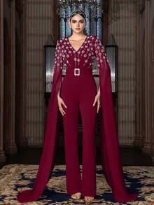 Elegant Crystal Embellished Jumpsuit - V-Neck Batwing Sleeve, Square Buckle Waist Belt, Flowy Wide Leg - Perfect For Formal Events, Red Carpet, Wedding Guests, And Gala Parties. - Burgundy - View 3