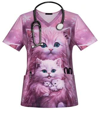 Women's 3D Cats Christmas Print Spring & Summer V-Neck Fall Scrub Short Sleeve Nurse Uniform Tops With Pockets For Women