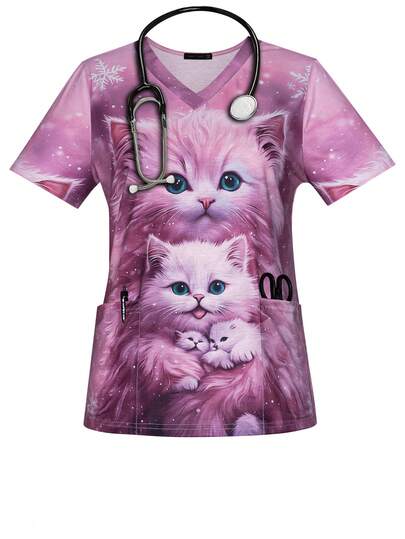 Women's 3D Cats Christmas Print Spring & Summer V-Neck Fall Scrub Short Sleeve Nurse Uniform Tops With Pockets For Women