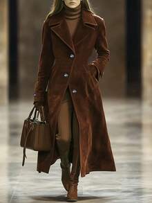 高级麂皮风衣 - 长款收腰西装领外套 | 简约秋冬通勤夹克 | 都市职业女性的复古办公休闲装 - 深棕色 - 查看 1