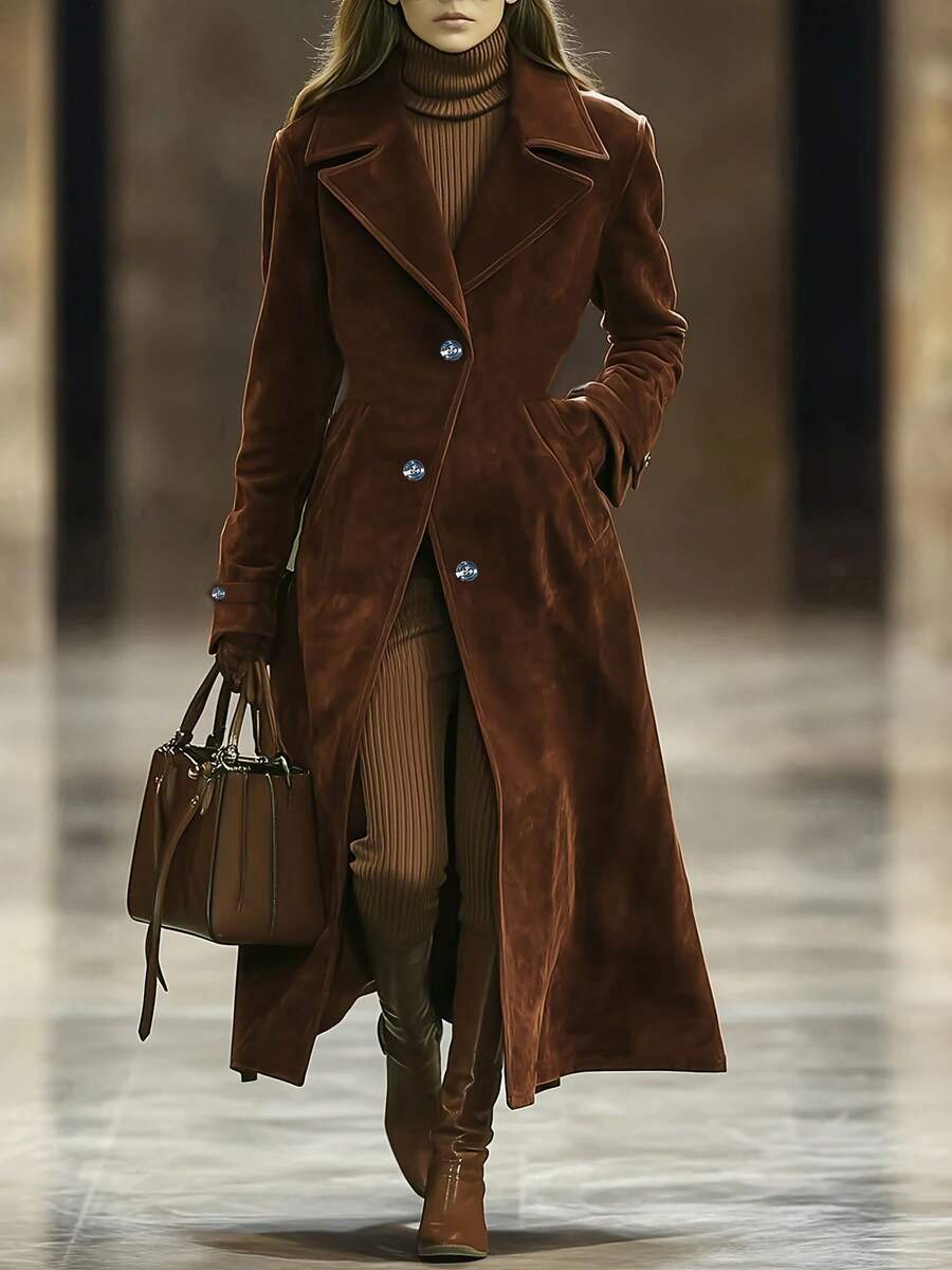 高级麂皮风衣 - 长款收腰西装领外套 | 简约秋冬通勤夹克 | 都市职业女性的复古办公休闲装 - 深棕色 - 查看 1