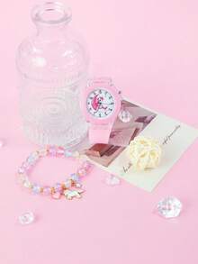 2 PIEZAS Reloj de cuarzo de unicornio y set de pulsera para niñas - Estilo dulce y lindo con luz LED nocturna, correa de silicona suave, reloj de luna y pony + pulsera de cuentas de unicornio colorida, regalo de cumpleaños, Navidad y vuelta al colegio para niñas de 3 a 14 años (Rosa)