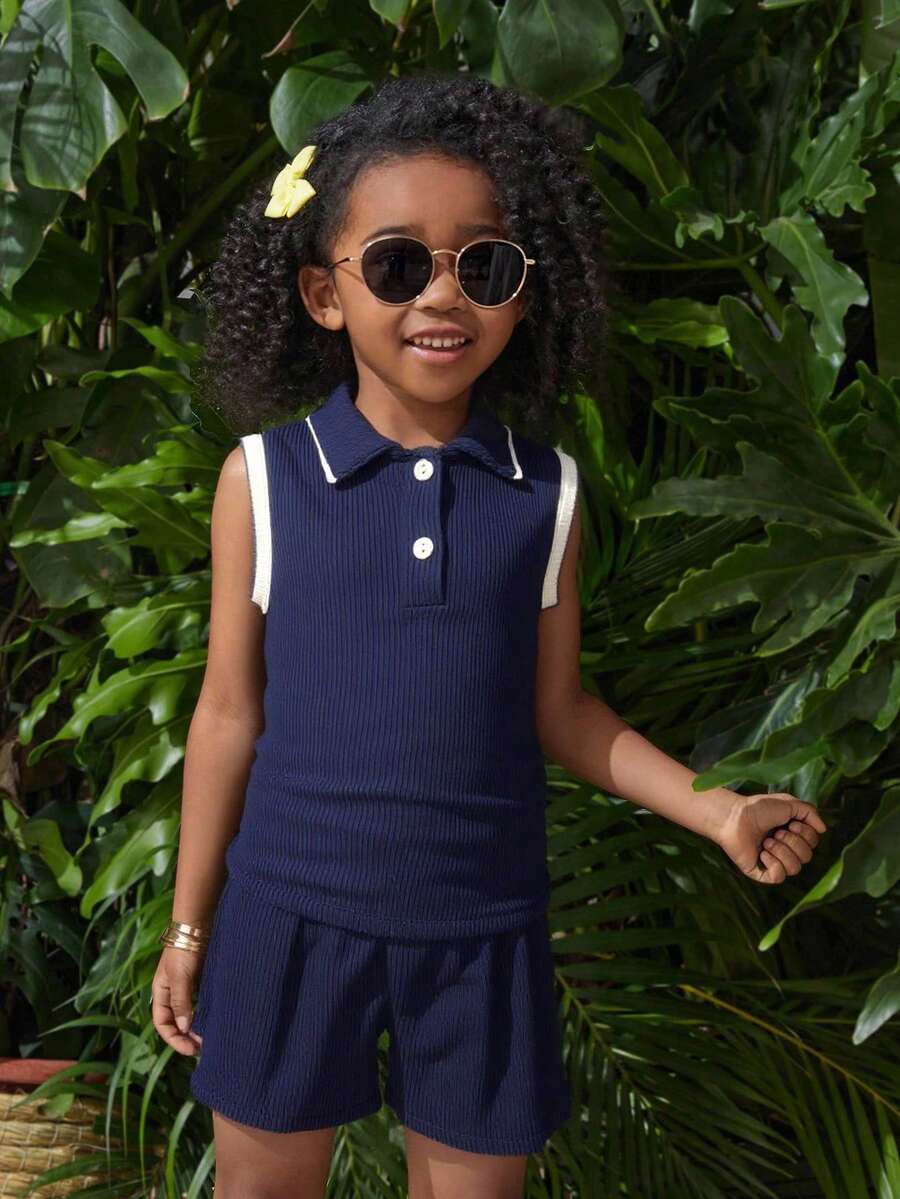 Young Girls Polo Co-Ords - Navy Blue - View 1