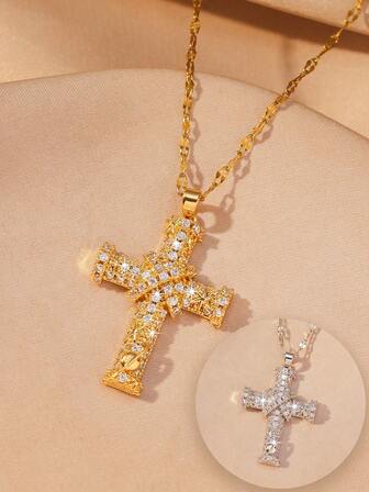 1 pieza Collar con colgante de cruz totalmente cubierto de rhinestones, estilo retro Y2K elegante y versátil para capas y fiestas, estilo europeo y americano