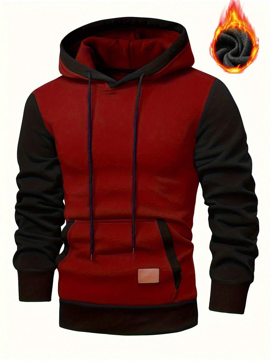 男士撞色拼接连帽衫，秋冬季长袖上衣 - 酒紅色 - 查看 1