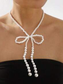 1 Piece Of Elegant Imitation White Pearl Single Layer Bow Light Luxury Style White Necklace For Women's Daily Dance - 白色 - 查看 3