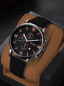 1pc Men's Watch, Calendar Function, Fashionable Round Dial Quartz Watch, PU Strap, Suitable For Daily Wear, Birthday Gift, Party, Holiday Gathering, Ideal Gift For Yourself Or Friends. No Packaging Box Included. - Black - View 2