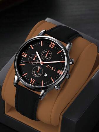 1pc Men's Watch, Calendar Function, Fashionable Round Dial Quartz Watch, PU Strap, Suitable For Daily Wear, Birthday Gift, Party, Holiday Gathering, Ideal Gift For Yourself Or Friends. No Packaging Box Included.