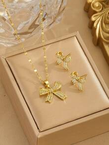3pcs/Set Children's Fashion Cubic Zirconia Decorated Bow Necklace And Earrings, Suitable For Girls, Sweet And Cute, Suitable For Street Parties, Dates, Festivals And Other Occasions, Exquisite Jewelry, Children's Birthday Gift