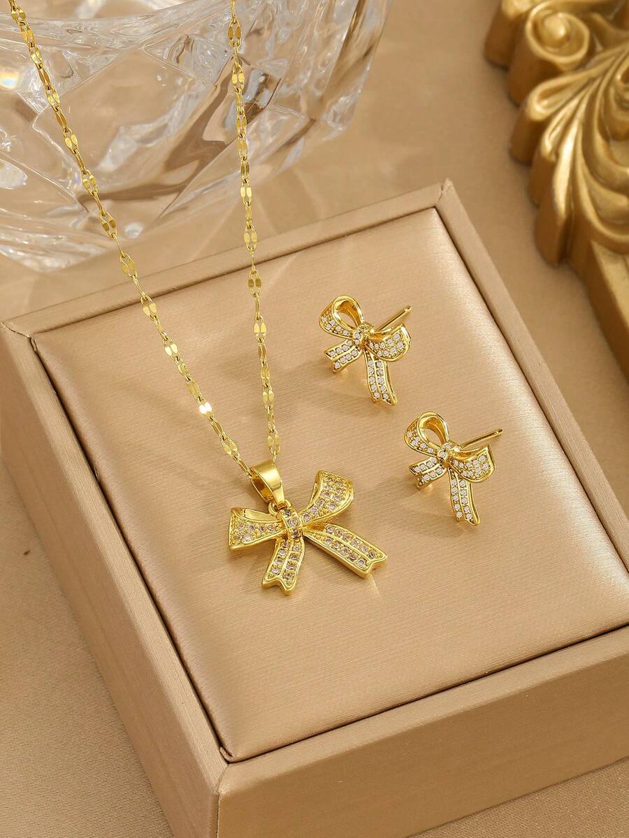 3pcs/Set Children's Fashion Cubic Zirconia Decorated Bow Necklace And Earrings, Suitable For Girls, Sweet And Cute, Suitable For Street Parties, Dates, Festivals And Other Occasions, Exquisite Jewelry, Children's Birthday Gift