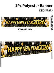 1件新年快乐背景横幅，黑金相间悬挂旗帜背景，带气球设计，新年除夕庆祝用品，2026新年派对装饰，背景装饰，新年拍照道具，新年快乐装饰，节日派对用品，花园装饰 - 彩色 - 查看 10