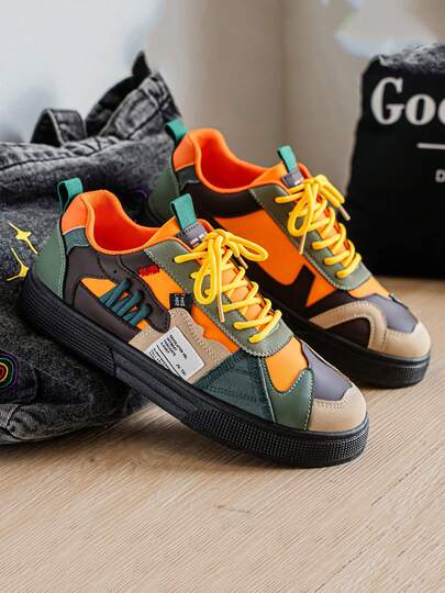 Fashionable Skateboard Shoes For Men, Casual Sports Sneakers For Outdoor & Street Wear, Multi-Color Patchwork, Durable Sole, Comfortable For All Seasons