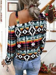 Women's Geometric Print Bohemian Style Polyester Asymmetric Ribbed Vacation Birthday Party Sweatshirt, Autumn/Winter - Multicolor - View 2